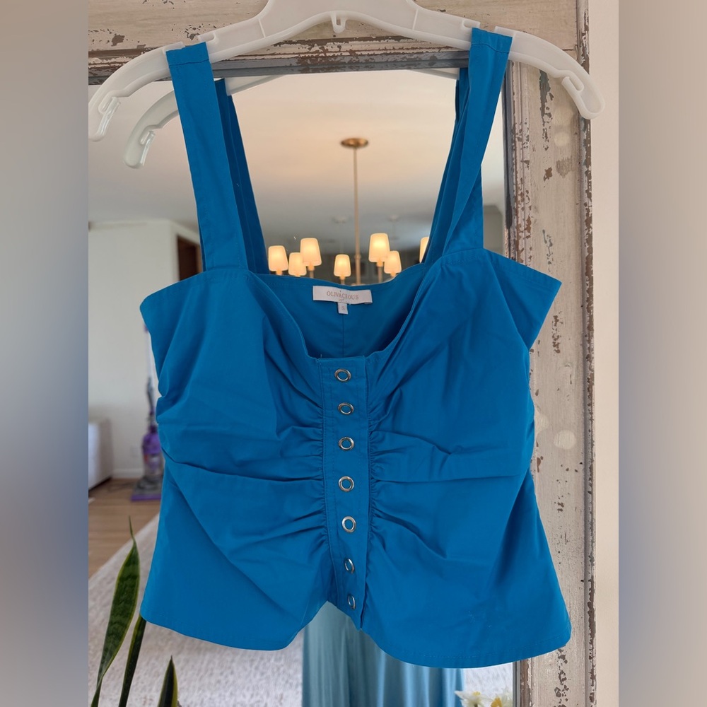Olivaceous Bright Blue Ruched Button-Front Tank